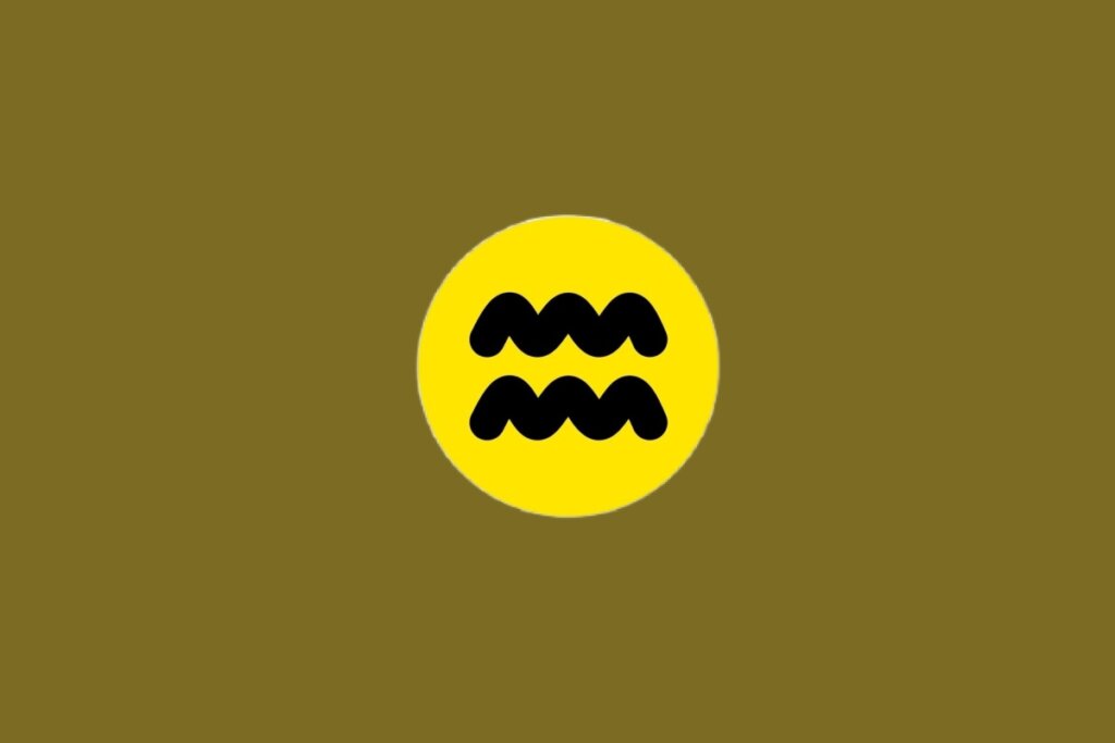 Ilustração do signo de Aquário, contendo duas linhas onduladas pretas paralelas, em círculo amarelo