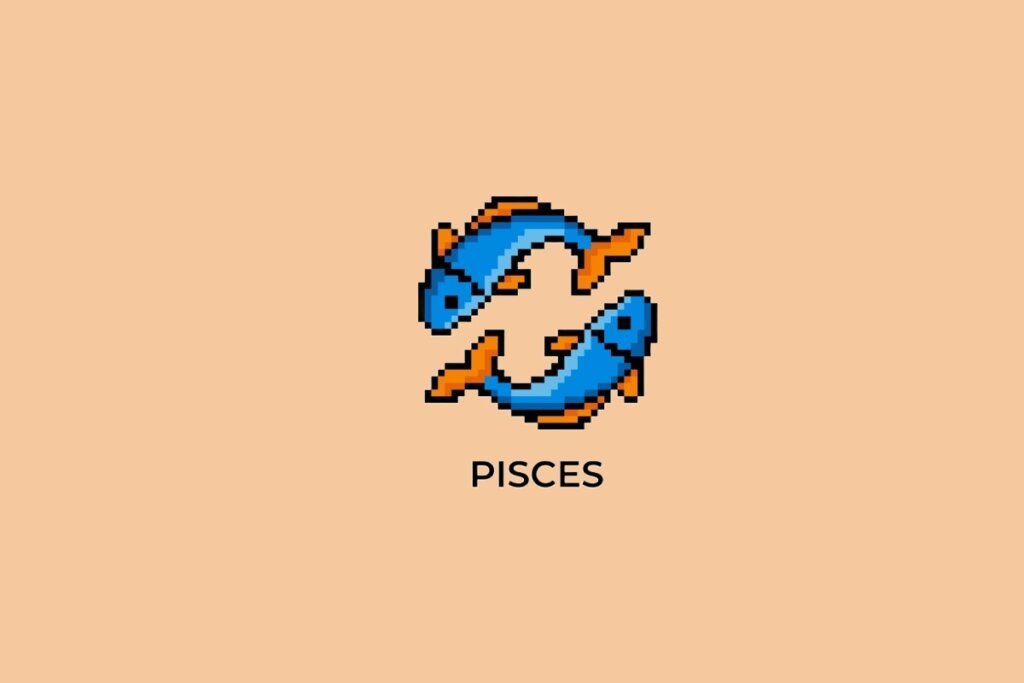 Ilustração do signo de Peixes, em fundo alaranjado, contendo dois peixes azuis em estilo pixel art nadando em sentidos opostos