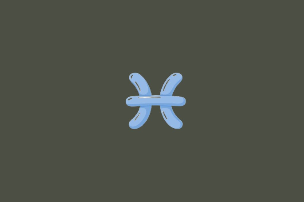Ilustração do signo de Peixes, contendo um símbolo em formato de dois arcos curvos opostos unidos por uma barra horizontal central na cor azul-claro, em fundo esverdeado-escuro