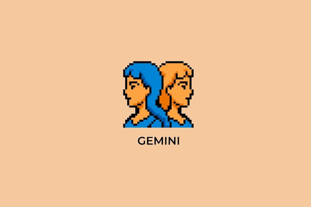 Ilustração do signo de Gêmeos, em fundo alaranjado, contendo dois rostos humanos em estilo pixel art posicionados de costas um para o outro