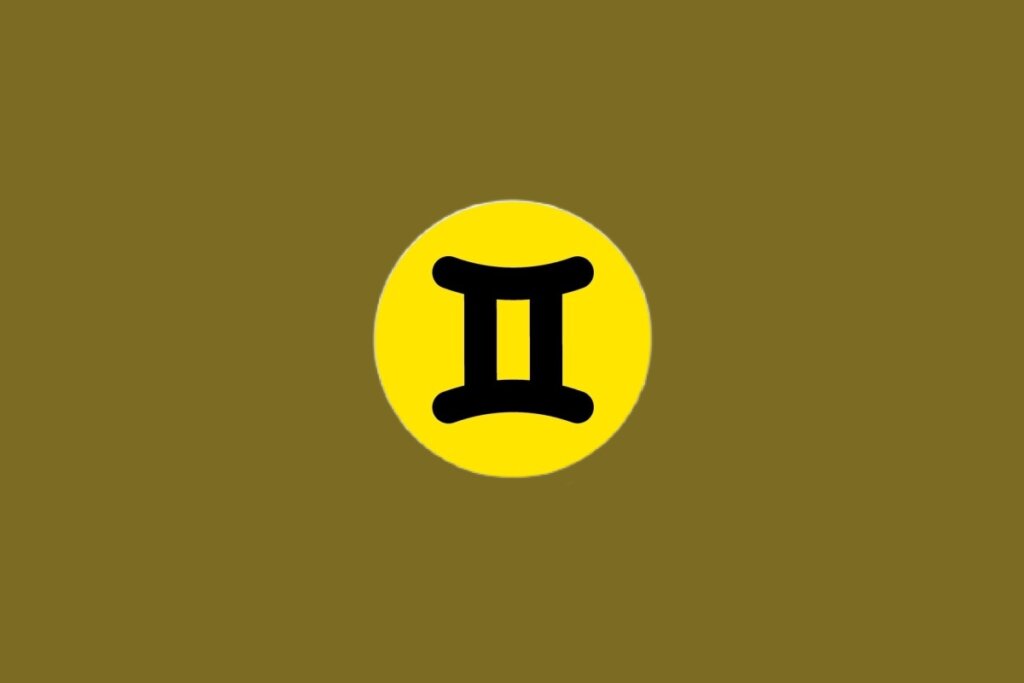 Ilustração do signo de Gêmeos, contendo glifo preto com duas barras verticais unidas por traços horizontais, em círculo amarelo