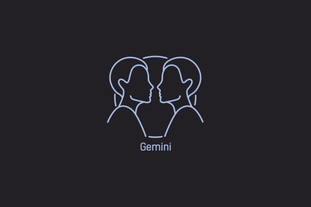 Ilustração do signo de Gêmeos contendo dois rostos humanos posicionados frente a frente, em um fundo azul-escuro