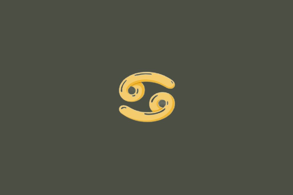 Ilustração do signo de Câncer, contendo um símbolo em formato de dois "6" espelhados e entrelaçados na cor amarelo-dourado, em fundo esverdeado-escuro
