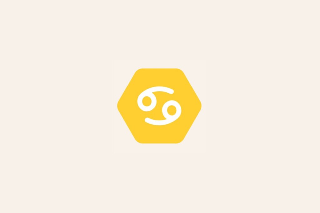Ilustração do signo Câncer, com símbolo branco semelhante a dois números seis opostos em hexágono amarelo em fundo bege