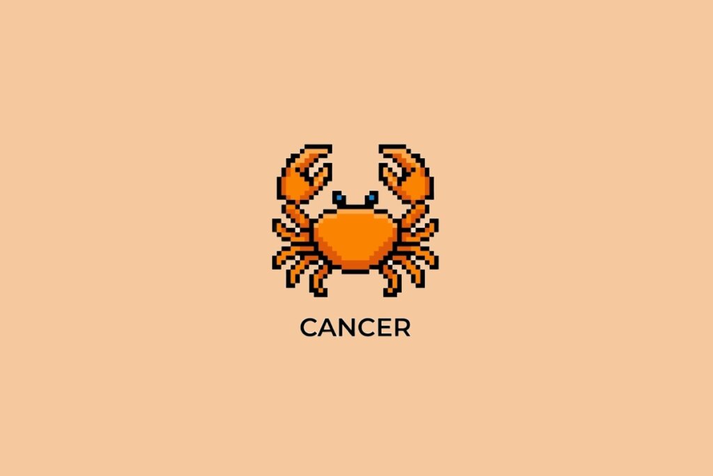 Ilustração do signo de Câncer, em fundo alaranjado, contendo um caranguejo em estilo pixel art com pinças erguidas