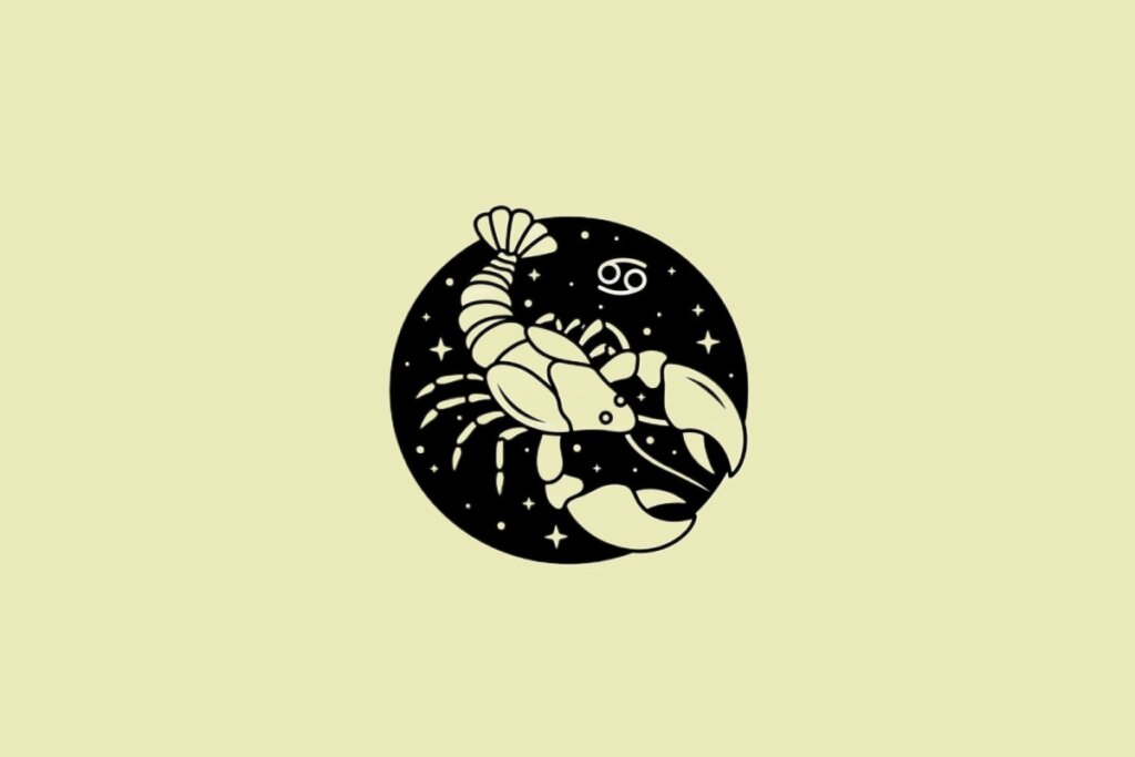 Ilustração do signo de Câncer em preto sobre um fundo amarelo
