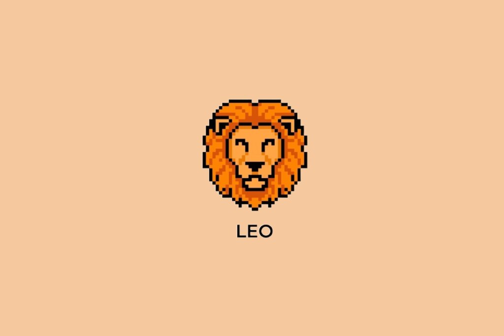 Ilustração do signo de Leão, em fundo alaranjado, contendo a cabeça de um leão em estilo pixel art com juba volumosa