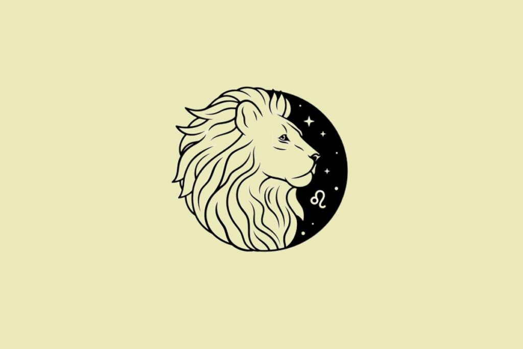 Ilustração do signo de Leão em preto sobre um fundo amarelo