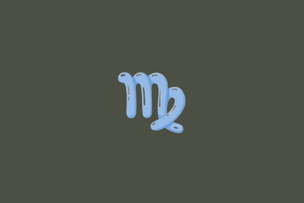 Ilustração do signo de Virgem, contendo um símbolo em formato de três traços verticais curvos com gancho voltado para baixo na cor azul-claro, em fundo esverdeado-escuro