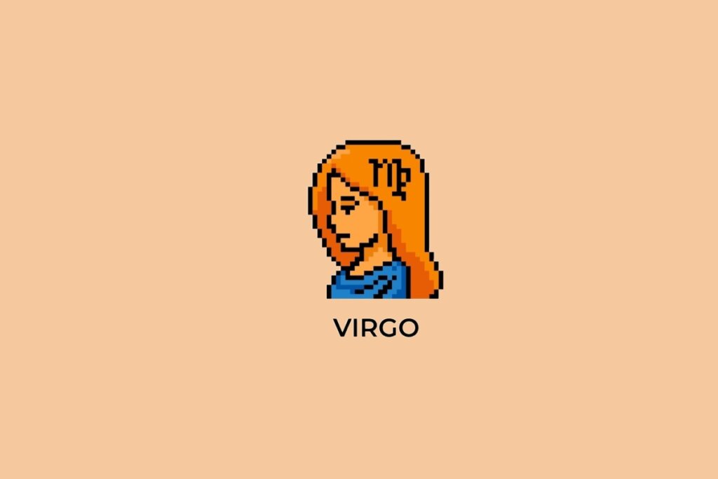 Ilustração do signo de Virgem, em fundo alaranjado, contendo o rosto de uma jovem de cabelos ruivos em estilo pixel art com o símbolo do signo ao fundo