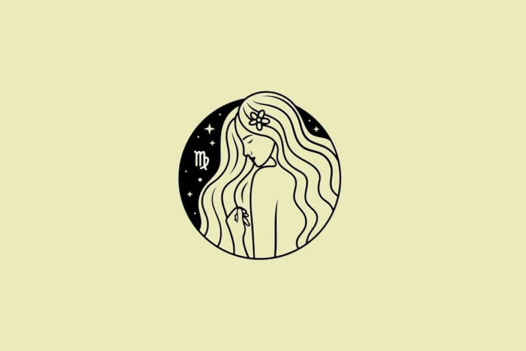 Ilustração do signo de Virgem em preto sobre um fundo amarelo