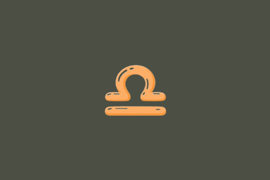 Ilustração do signo de Libra, contendo um símbolo em formato de semicírculo sobre uma barra horizontal reta na cor laranja-claro, em fundo esverdeado-escuro