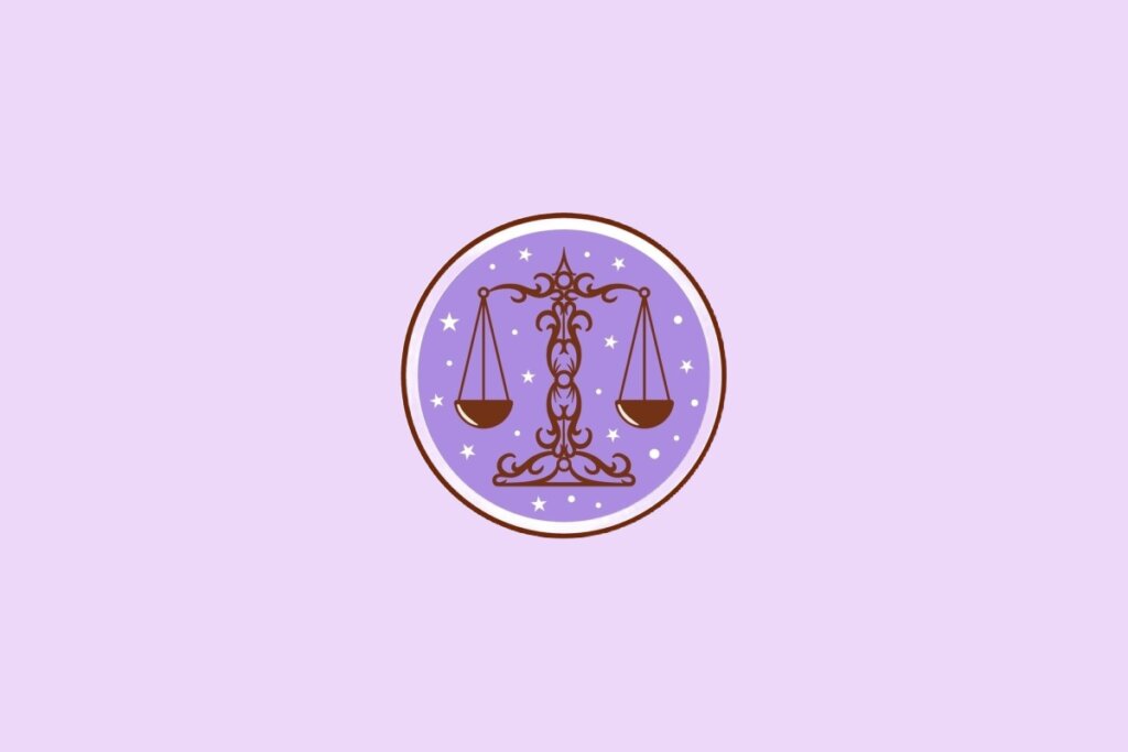 Ilustração do signo de Libra, mostrando uma balança com dois pratos suspensos em fundo lilás