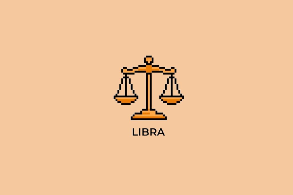 Ilustração do signo de Libra, em fundo alaranjado, contendo uma balança dourada de dois pratos em estilo pixel art