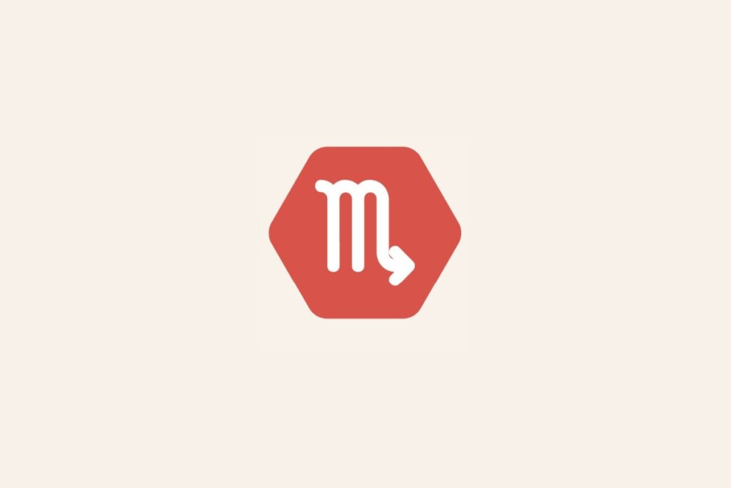 Ilustração do signo Escorpião, com símbolo branco em forma de "M" com seta na ponta final em hexágono vermelho em fundo bege