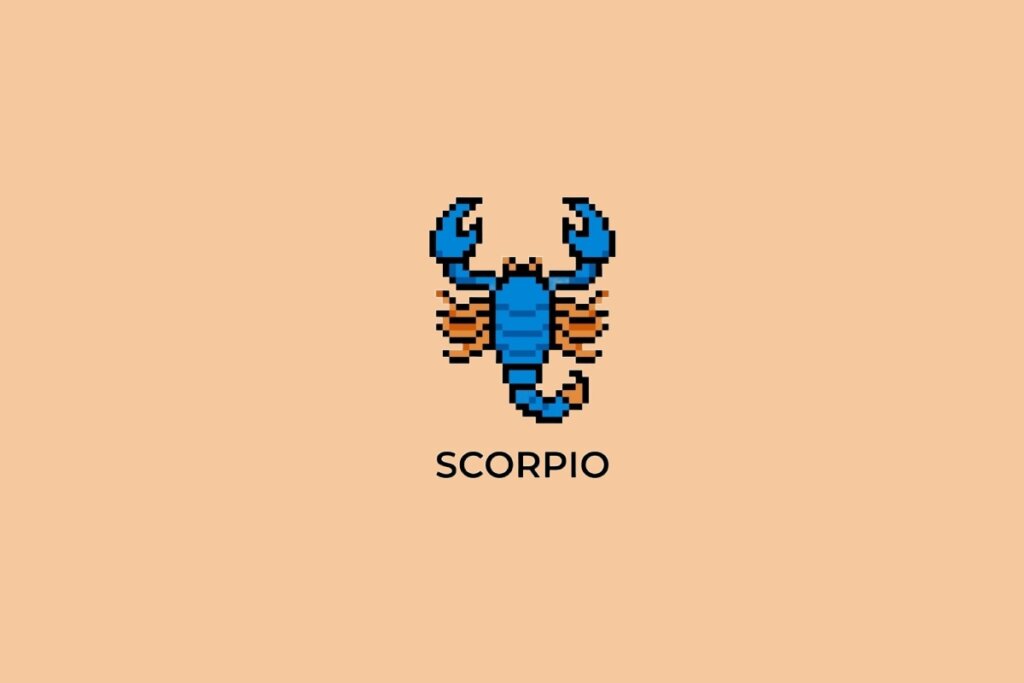 Ilustração do signo de Escorpião, em fundo alaranjado, contendo um escorpião em estilo pixel art com pinças azuis erguidas