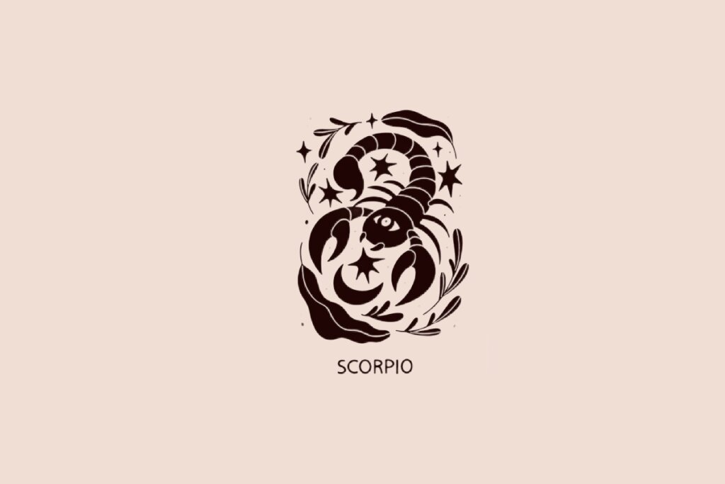 Ilustração do signo de Escorpião contendo um escorpião em fundo bege