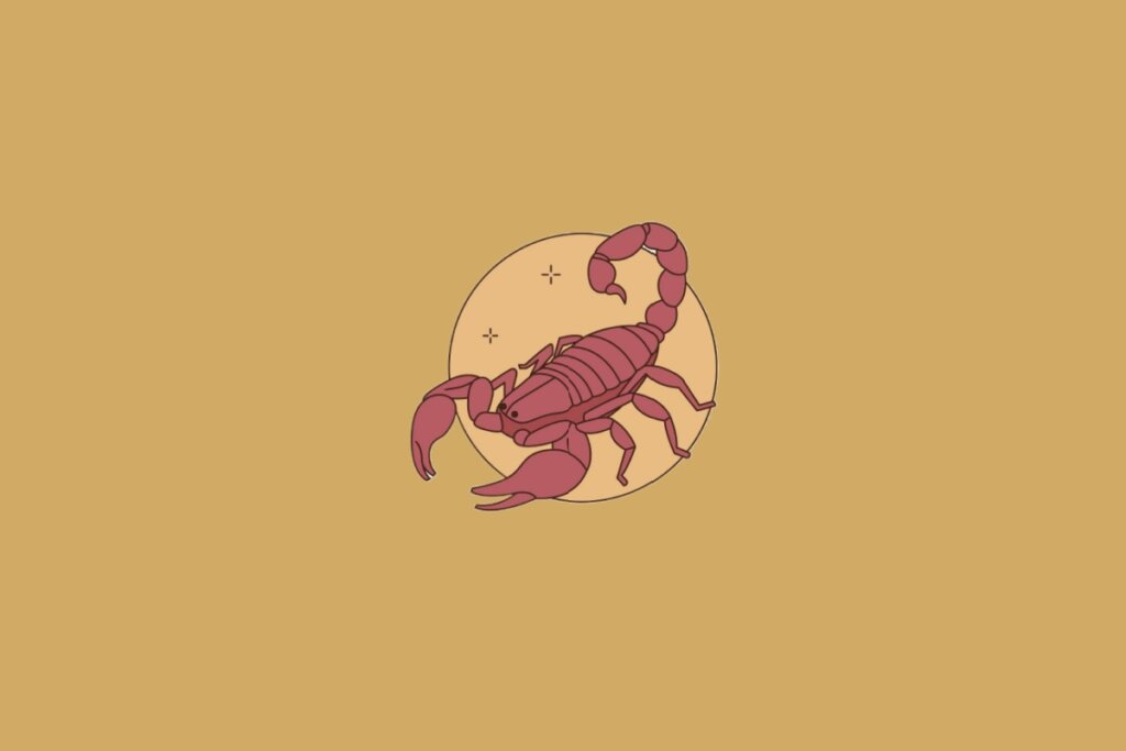 Ilustração do signo de Escorpião contendo um escorpião com cauda arqueada em fundo mostarda