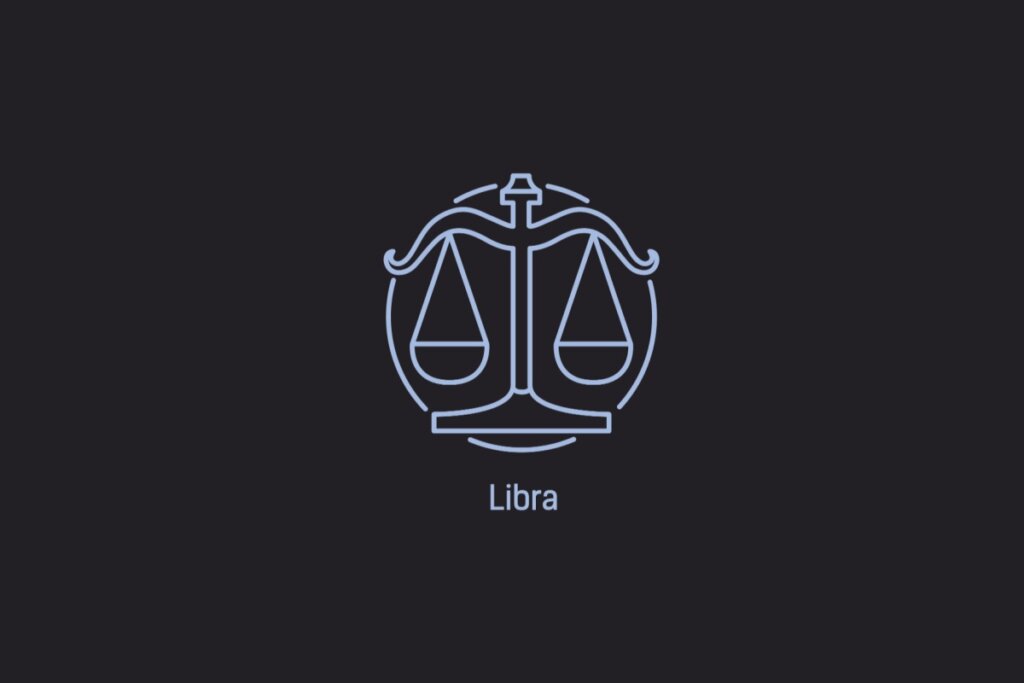 Ilustração do signo de Libra contendo uma balança com dois pratos equilibrados, em um fundo azul-escuro