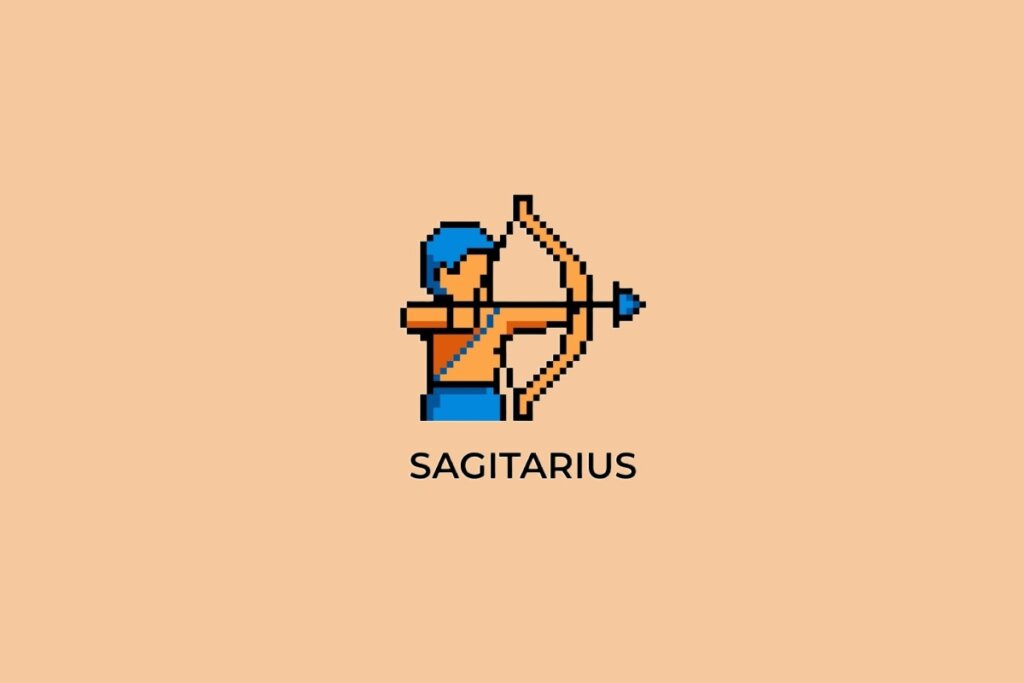 Ilustração do signo de Sagitário, em fundo alaranjado, contendo um arqueiro em estilo pixel art segurando um arco com flecha apontada