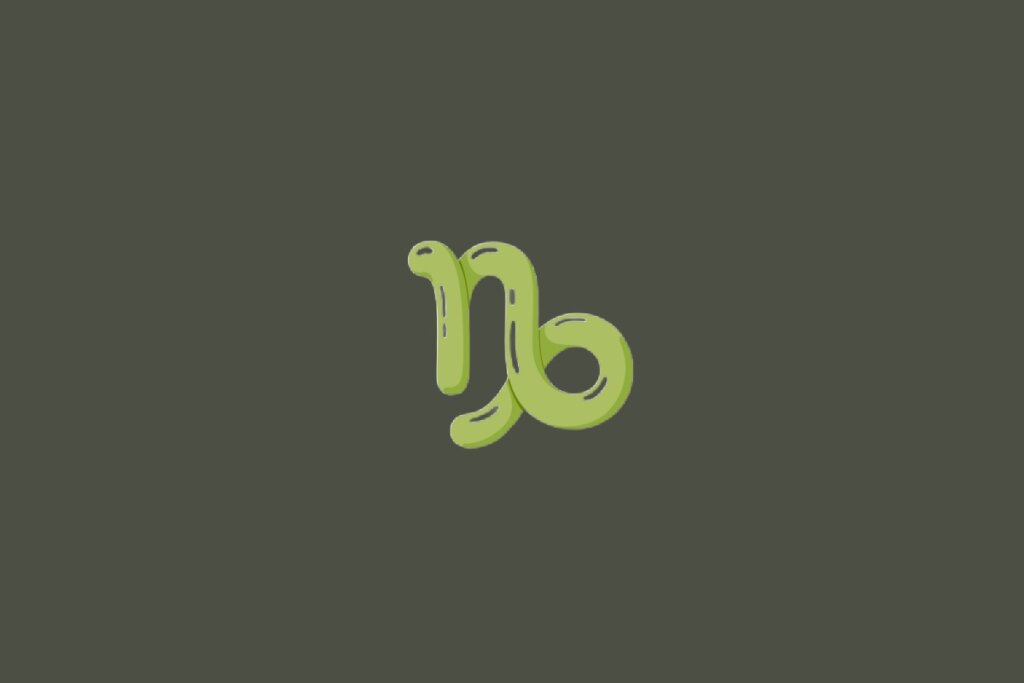 Ilustração do signo de Capricórnio, contendo um símbolo em formato de traço cursivo com espiral fechada na base na cor verde-amarelada, em fundo esverdeado-escuro