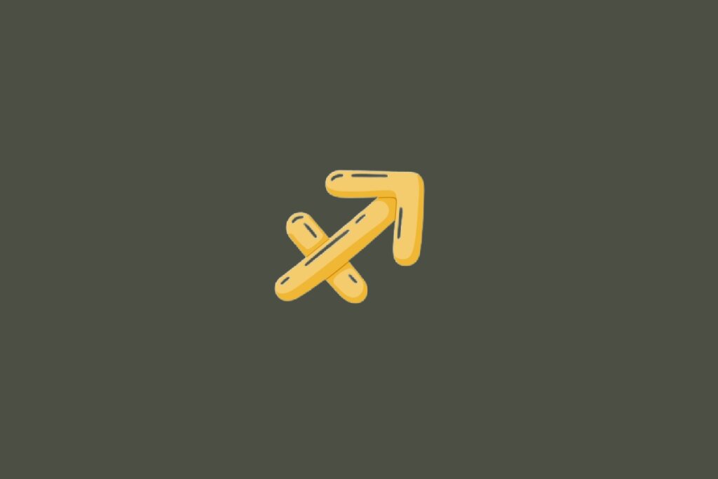 Ilustração do signo de Sagitário, contendo um símbolo em formato de seta diagonal apontando para cima cruzada por um traço horizontal na cor amarelo-dourado, em fundo esverdeado-escuro
