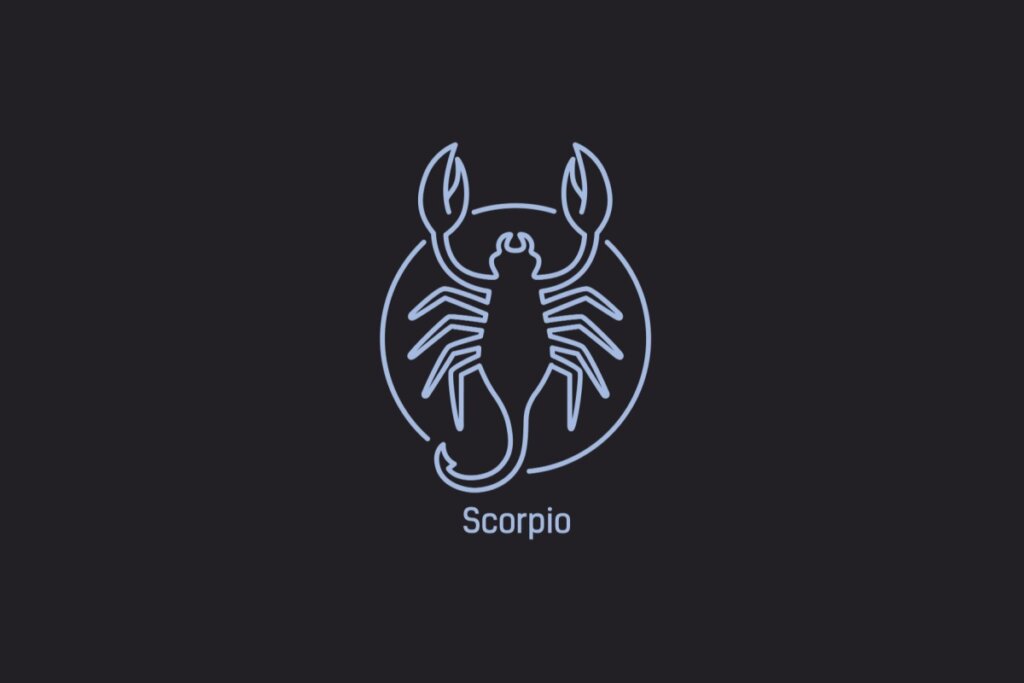 Ilustração do signo de Escorpião contendo um escorpião com cauda levantada, em um fundo azul-escuro
