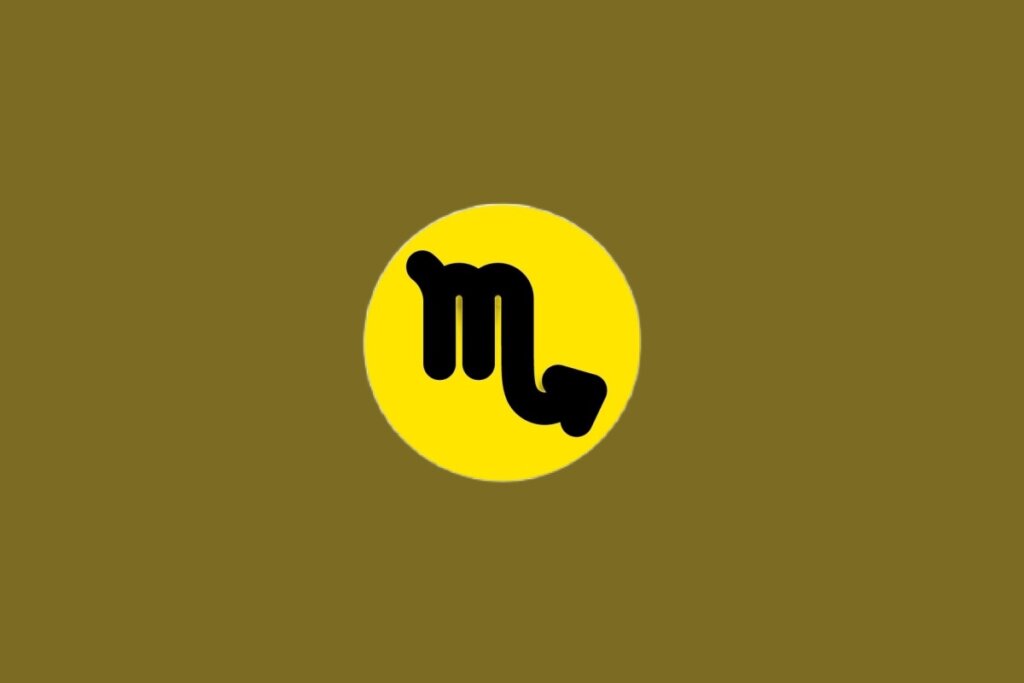 Ilustração do signo de Escorpião, contendo um “m” com cauda final em seta, em círculo amarelo