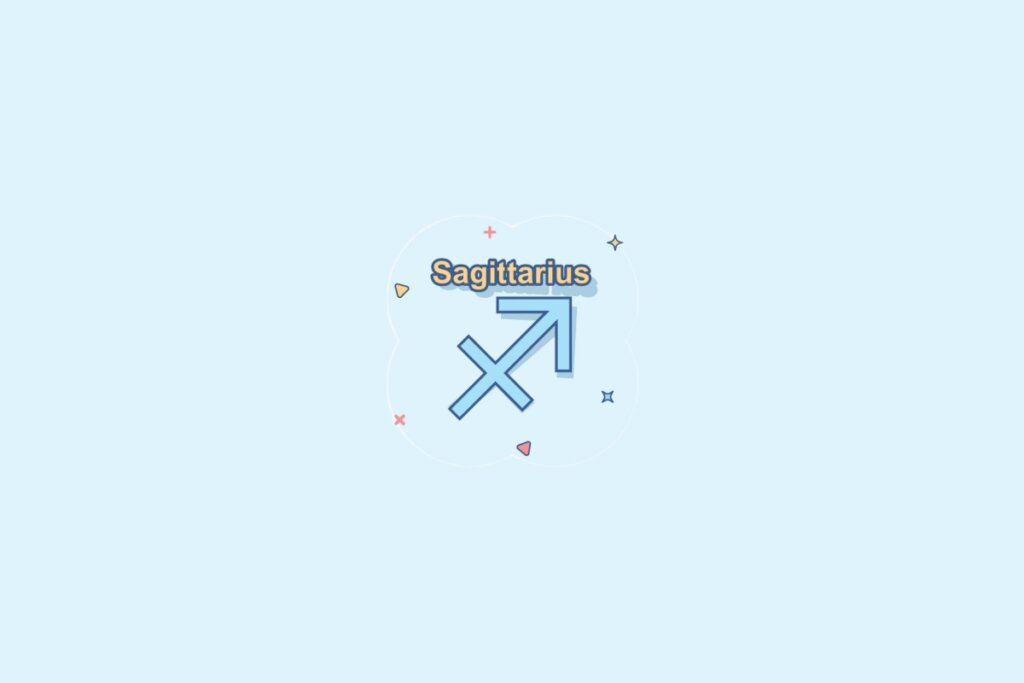 Ilustração do signo Sagitário, contendo uma seta inclinada para cima à direita atravessando uma linha cruzada, formando o símbolo do arqueiro, em fundo azul-claro