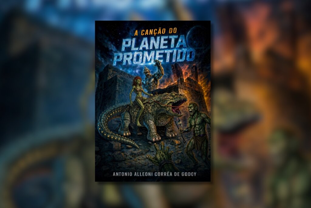 Capa de livro de ficção científica com o título "A Canção do Planeta Prometido". A ilustração mostra uma guerreira de cabelos ruivos montada em uma grande criatura semelhante a um jacaré pré-histórico, diante de ruínas de pedra e um céu estrelado.