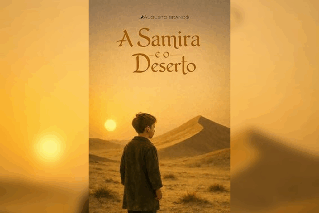 A capa apresenta uma fotografia de um menino de costas, vestindo um casaco escuro, olhando para um vasto deserto ao pôr do sol. À direita, há uma grande duna de areia e, à esquerda, o sol brilha intensamente no horizonte. No topo, o título "A Samira e o Deserto" está escrito em uma fonte clássica, acima do nome do autor Augusto Branco.