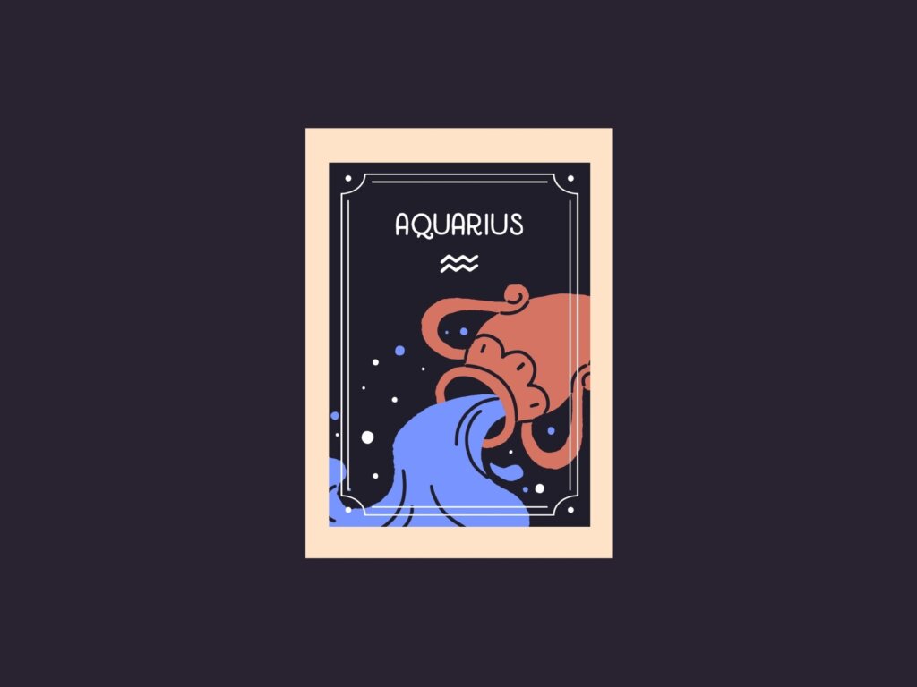 Ilustração do signo de Aquário com um vaso de terracota derramando água azul sobre um fundo escuro pontilhado. Inclui o nome "AQUARIUS" e o símbolo de ondas.