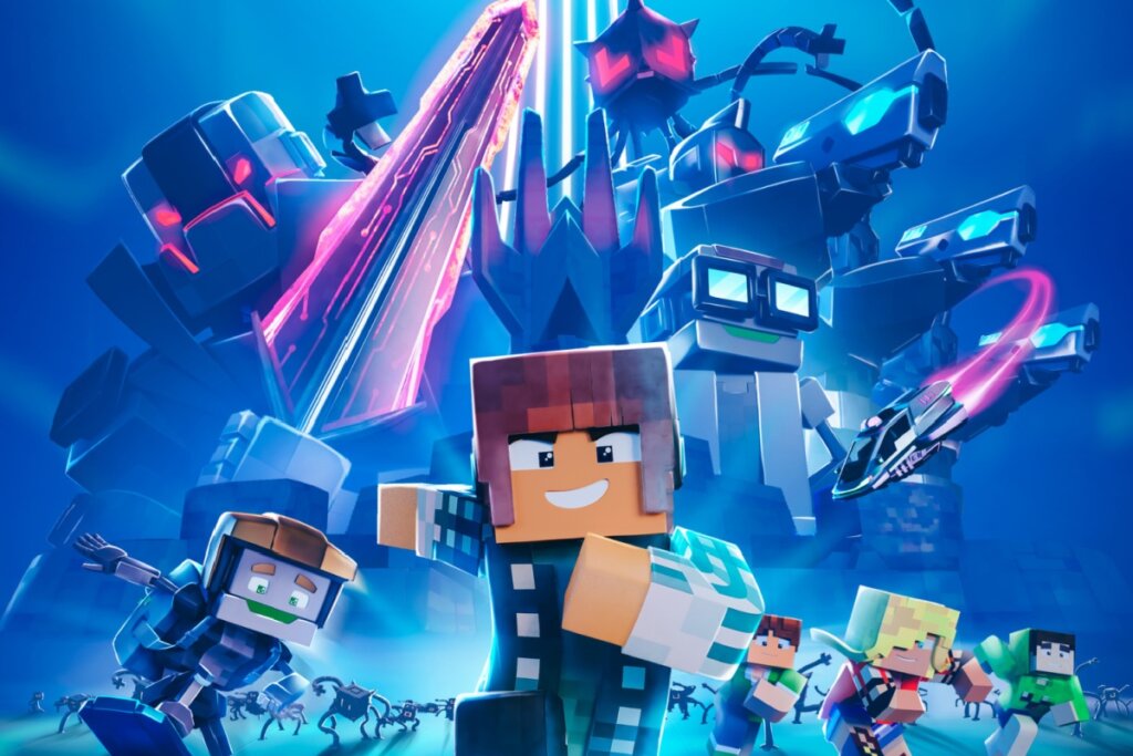 Ilustração digital em estilo voxel (estética de blocos similar a Minecraft) com cores vibrantes em tons de azul e neon. Em primeiro plano, diversos personagens avançam em direção ao espectador; o central é um rapaz de boné marrom e camisa xadrez verde. Ao fundo, erguem-se figuras robóticas gigantescas e ameaçadoras com olhos vermelhos brilhantes, sob feixes de luz azul que cruzam o cenário.