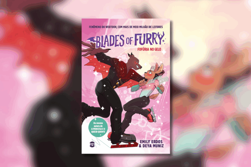 Capa de quadrinho em estilo webtoon colorida com o título "Blades of Furry". A ilustração mostra dois personagens animais antropomórficos — um felino preto com asas de morcego e um coelho — patinando juntos no gelo.