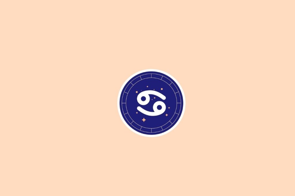 Ilustração do signo de câncer em branco em um círculo azul em cima de um fundo bege