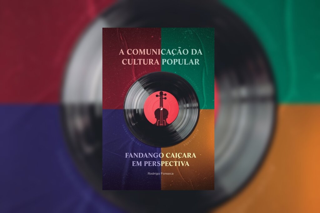 Capa dividida em quatro quadrantes coloridos (vinho, verde, azul e laranja). No centro, um disco de vinil preto com um selo vermelho contendo a silhueta de um violino.