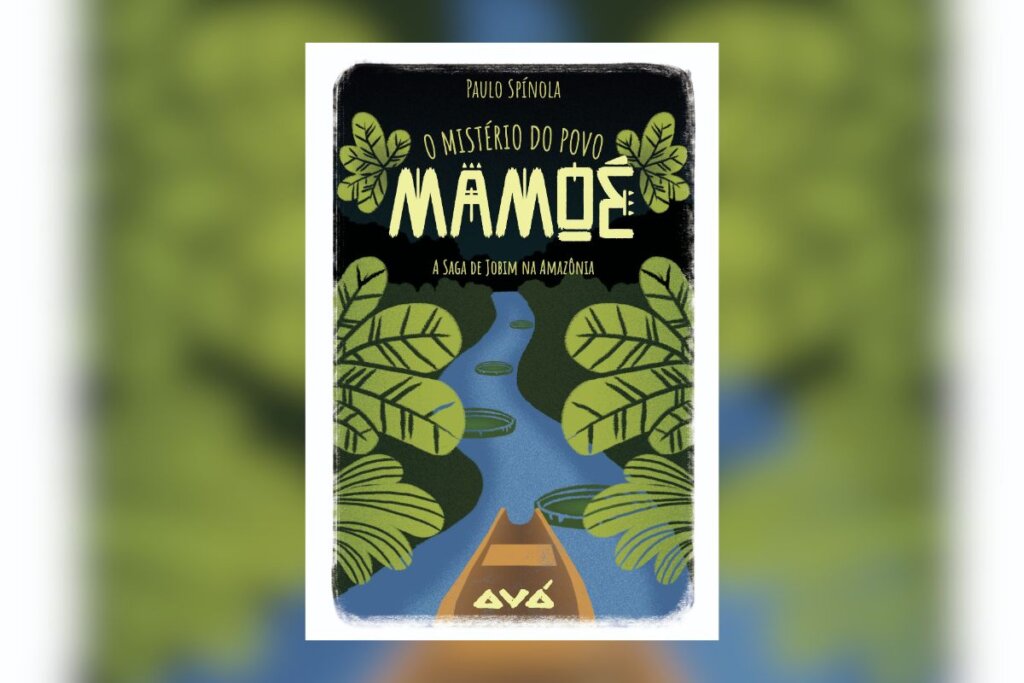 Ilustração em estilo gravura mostrando a vista frontal de uma canoa navegando por um rio azul em meio a uma floresta densa e verde.