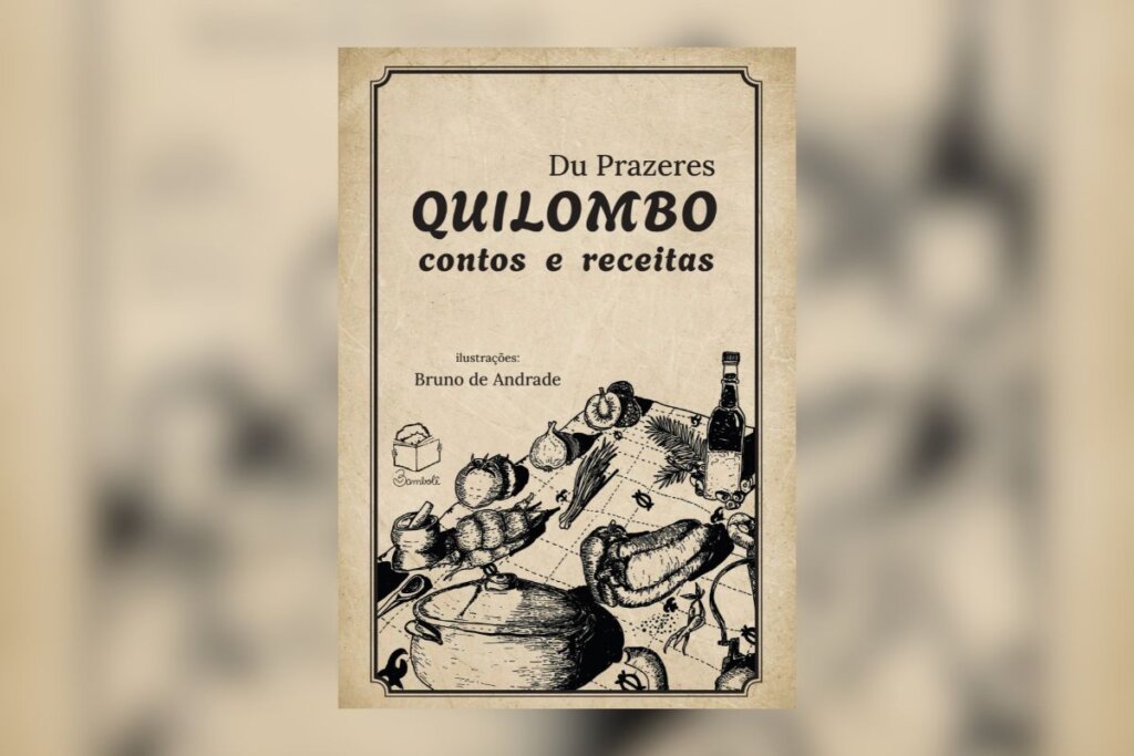 Capa com estética de papel antigo e moldura clássica. Apresenta uma ilustração em traço preto e branco de uma mesa com ingredientes como tomates, cebolas, ervas, uma garrafa e uma panela grande em destaque.