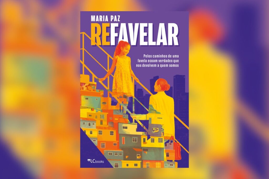 Arte em tons vibrantes de roxo, amarelo e laranja. Uma menina de vestido claro sobe uma escadaria que atravessa uma representação estilizada e colorida de uma favela, sob o olhar de uma mulher na base.