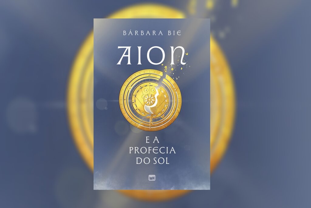 Capa em tons de azul e dourado com luzes desfocadas. No centro, um amuleto solar dourado circular com uma rachadura vertical. Título "AION" em destaque e "e a Profecia do Sol" logo abaixo.