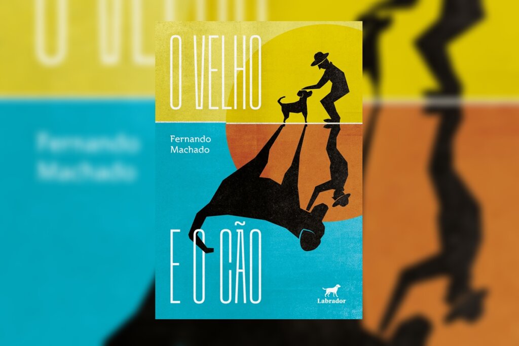 Capa minimalista dividida em blocos coloridos (amarelo, azul e laranja). Exibe silhuetas pretas de um homem idoso com chapéu e um cachorro; as figuras se repetem de forma invertida na parte inferior, como um reflexo.