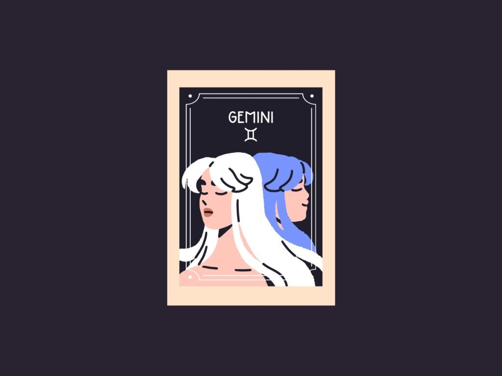 Ilustração do signo de Gêmeos com duas figuras femininas de perfil (uma de cabelo branco e outra azul) de costas uma para a outra. Inclui o nome "GEMINI" e o símbolo do signo.