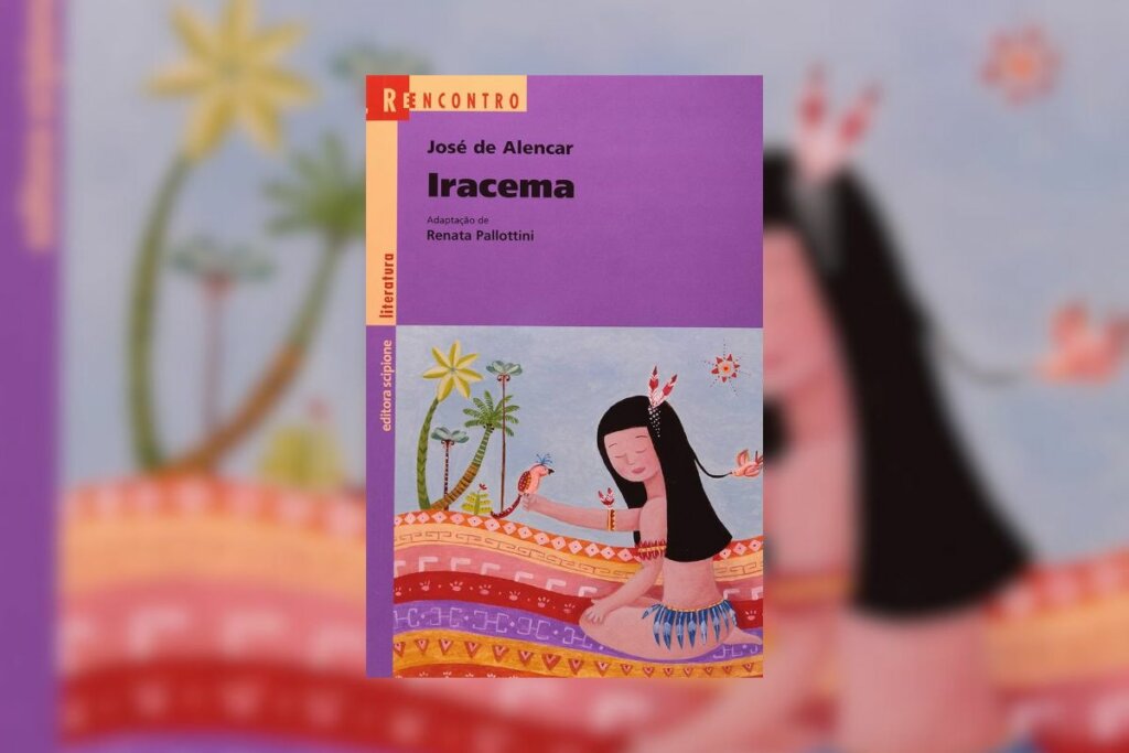 Capa do livro "Iracema" com a ilustração de uma mulher indígena ajoelhada em um chão colorido 