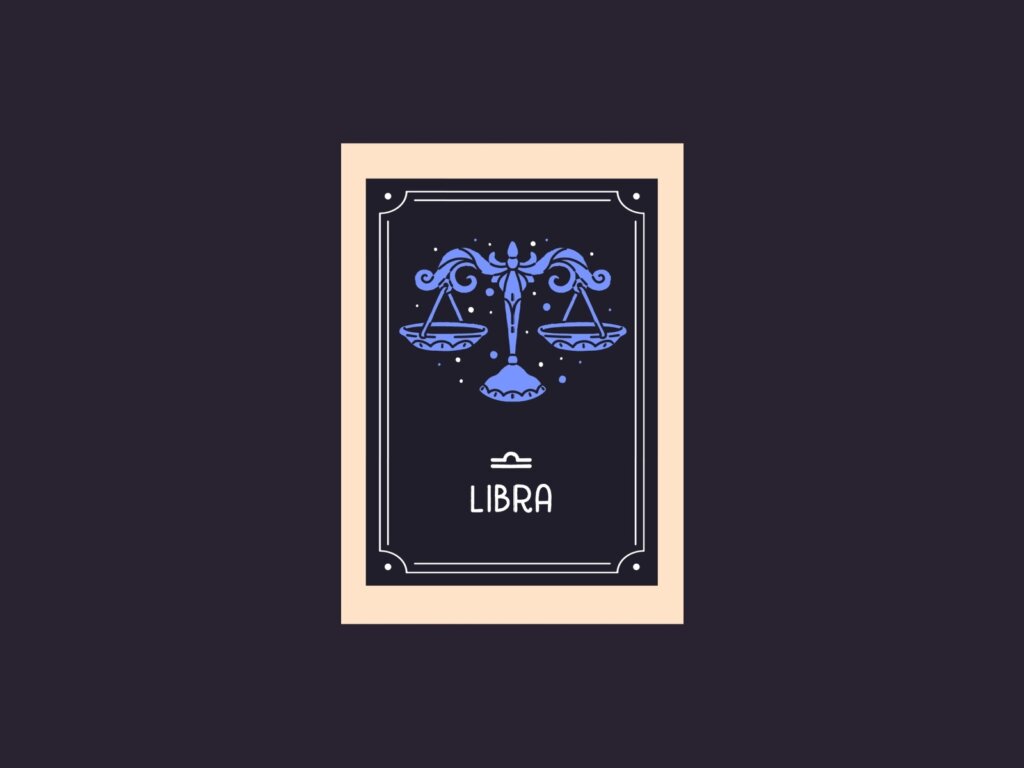 Ilustração do signo de Libra com uma balança ornamental azul suspensa sobre um fundo escuro com pontos brilhantes. Inclui o símbolo do signo e a palavra "LIBRA".