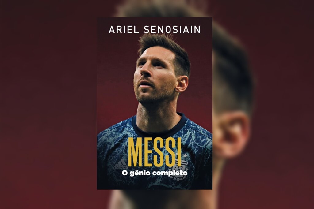 Capa com fundo vermelho escuro apresentando um retrato em close de Lionel Messi olhando para cima. Ele veste a camisa da seleção argentina. O nome "MESSI" aparece em letras grandes douradas no centro.