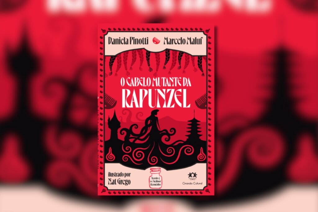 Capa de livro com moldura vermelha ornamentada e fundo preto. Destaca o título "O Cabelo Mutante da Rapunzel" acima da silhueta de uma mulher cujos longos cabelos pretos se espalham pelo cenário, formando ramificações.