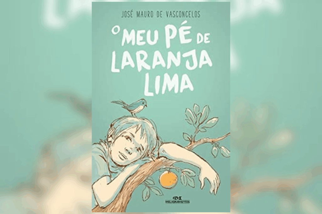 Uma ilustração em tons pastéis e fundo esverdeado. Um menino de cabelos claros está encostado em um galho de árvore onde se vê uma única laranja. Um pequeno pássaro azul está pousado sobre a cabeça do garoto. O título "O Meu Pé de Laranja Lima" aparece em letras brancas estilizadas no topo, com o nome do autor José Mauro de Vasconcelos acima dele.