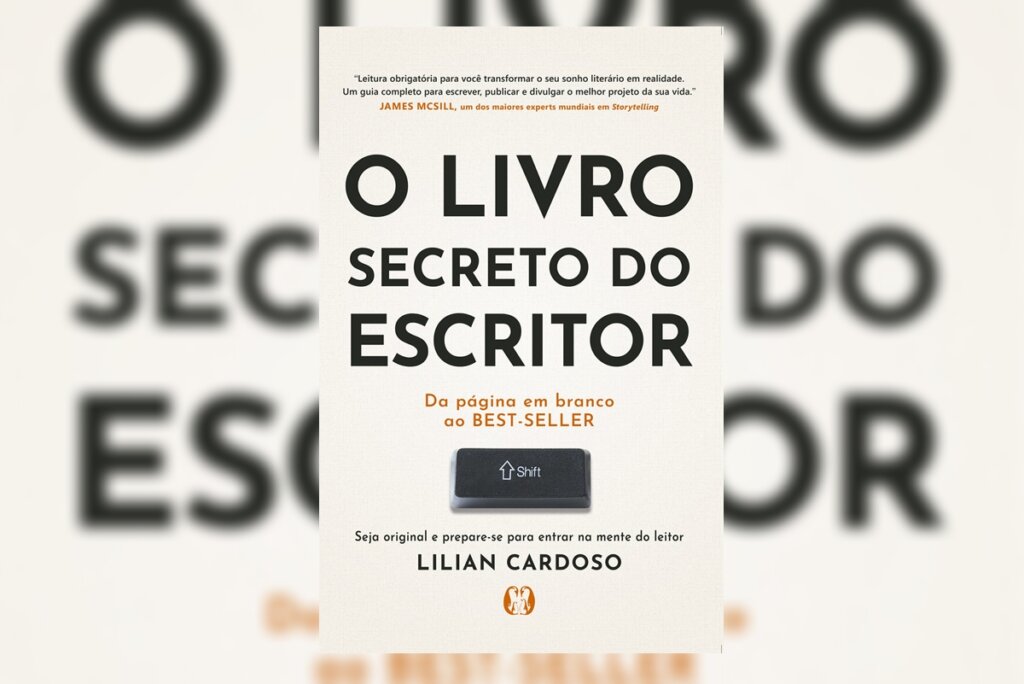 Capa do livro " O livro secreto do escritor", com o nome do livro centralizado em um fundo bege e a ilustração do botão de shift abaixo