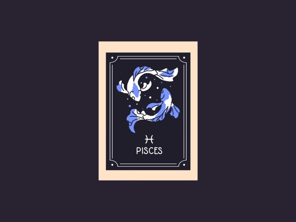 Ilustração do signo de Peixes com dois peixes koi azuis e brancos nadando em círculo sobre fundo escuro. Inclui o símbolo de Peixes e a palavra "PISCES".