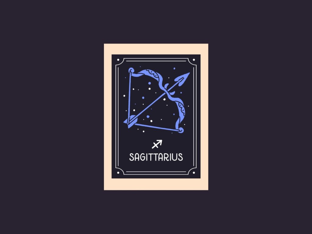 Ilustração do signo de Sagitário apresentando um arco e flecha azuis apontados para cima em um fundo estrelado. Inclui o símbolo da flecha e a palavra "SAGITTARIUS".